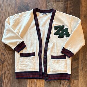 Zara Cream Varsity Cardigan with Navy and Red Accents